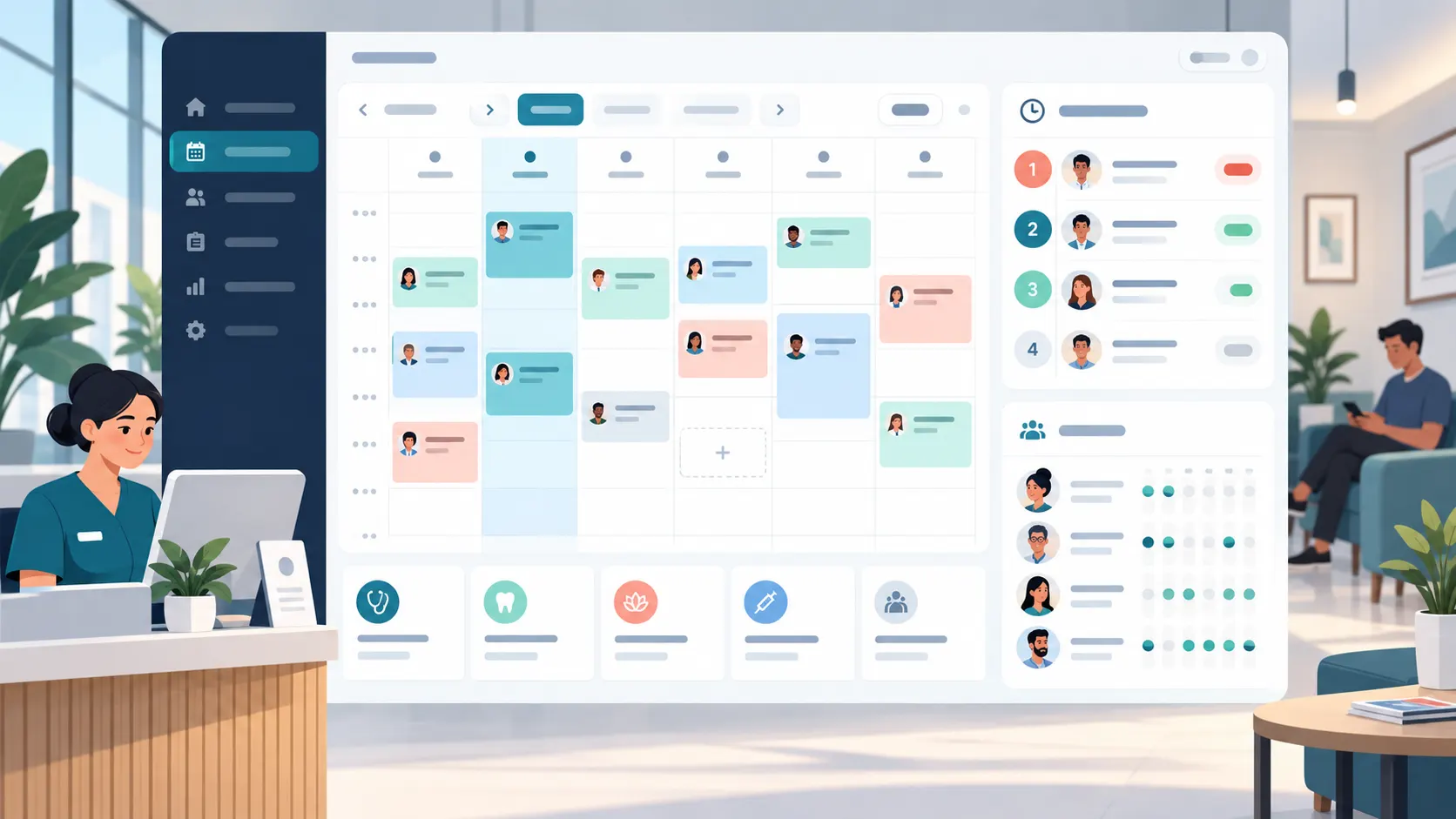 Illustrated appointment calendar with service slots, queue status, and staff availability