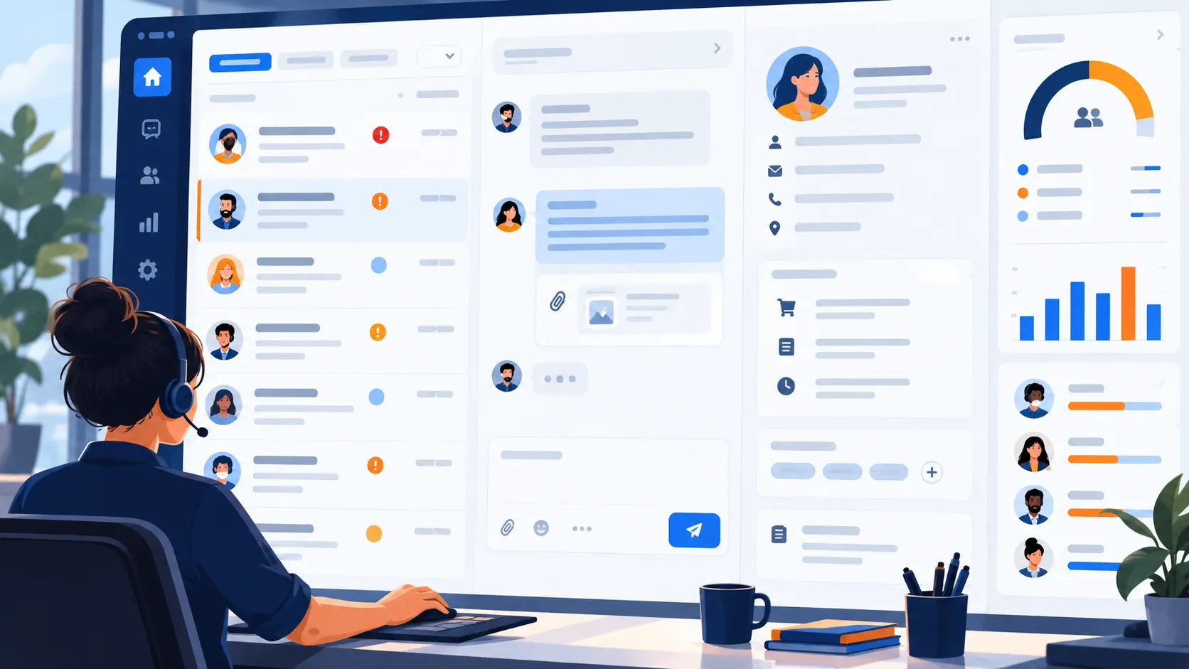 Illustrated support service desk with request queue, priorities, assignment, and workload summary