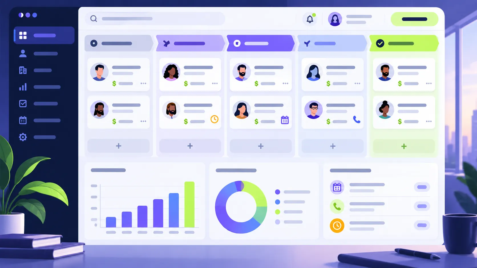 Illustrated CRM pipeline with lead cards, follow-up reminders, opportunity values, and conversion chart