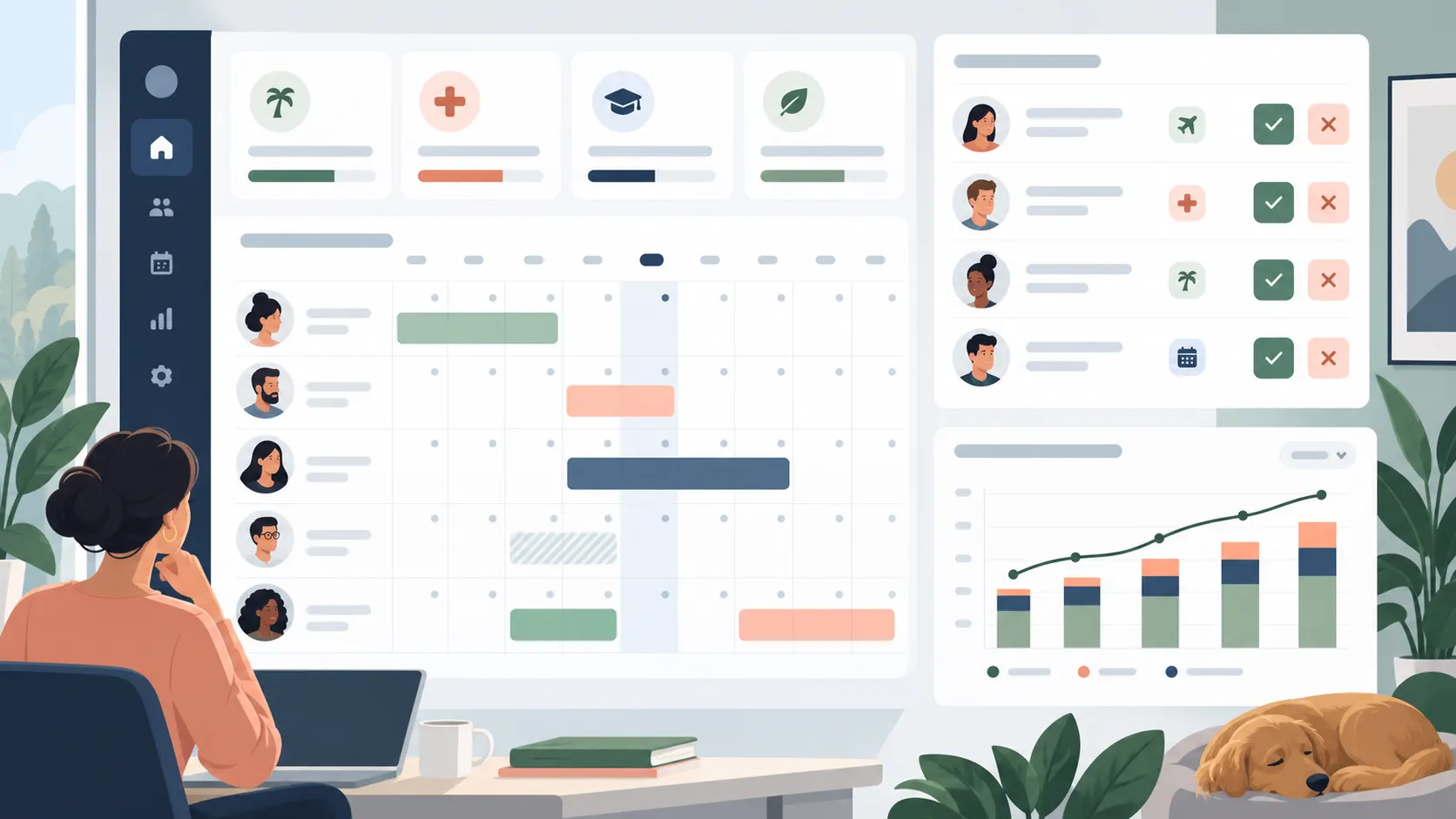 Illustrated leave management dashboard with team calendar, balances, approvals, and workforce trend chart
