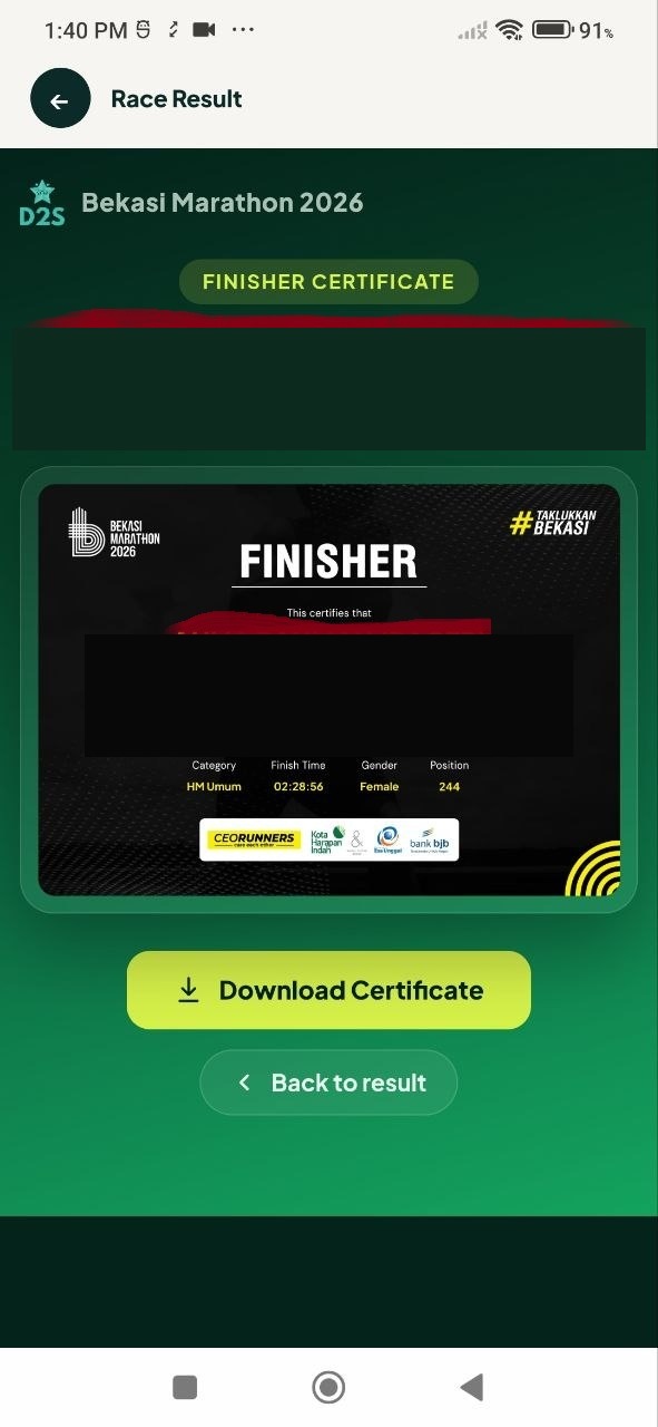 Finisher certificate screen for Bekasi Marathon 2026 showing completion details and download button