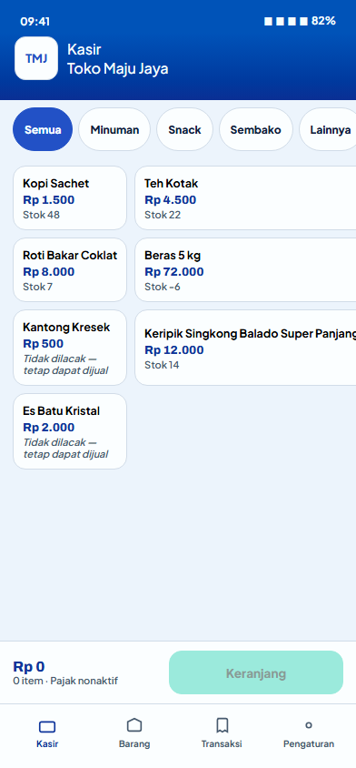 Lakuyo phone interface showing POS categories, product catalogue, and cart controls