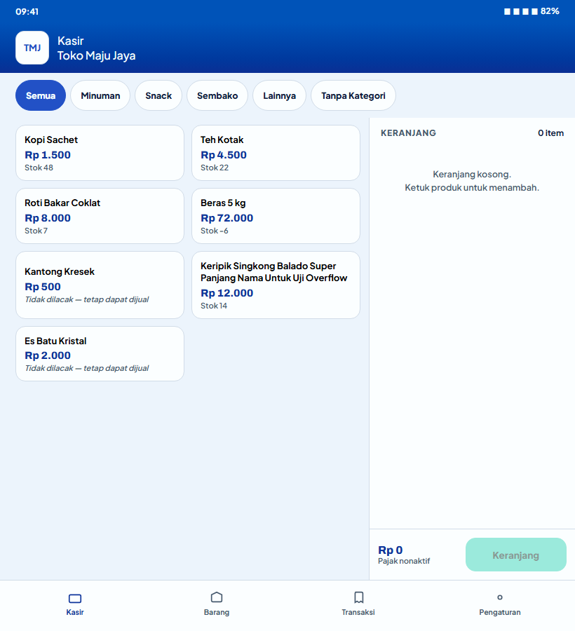 Lakuyo tablet interface showing product catalogue and live cart panel
